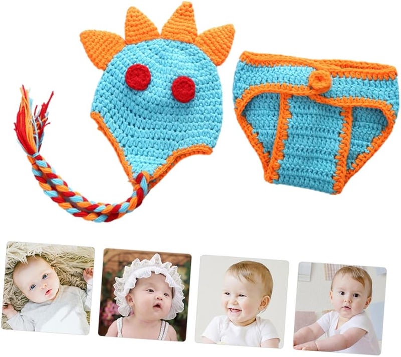 Newborn Dinosaur Costume Set 2pcs Blue with Orange Horns Photo Prop - Image 4